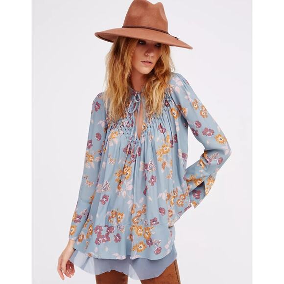 Free People Women size Medium So Fine Smocked Blue Floral Butterfly Flowy Blouse - Picture 1 of 12